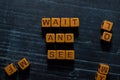 Wait and See on wooden cubes. On table background