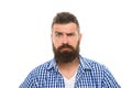 Wait what. Man serious face raising eyebrow not confident. Have some doubts. Hipster bearded face not sure in something