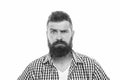 Wait what. Man serious face raising eyebrow not confident. Have some doubts. Hipster bearded face not sure in something Royalty Free Stock Photo