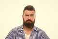 Wait what. Man serious face raising eyebrow not confident. Have some doubts. Hipster bearded face not sure in something Royalty Free Stock Photo