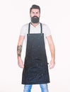 Waiter or bartender. Ready serve drink. Bearded hipster wear apron. Man cook brutal hipster. Fast food restaurant
