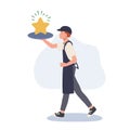 Waiter carrying golden shining star on tray. professional service concept. vector illustration