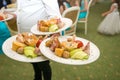 Waiter carrying plates with appetizers Royalty Free Stock Photo