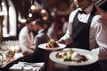 Waiter carrying plates with meat dish on some festive event, party or wedding reception restaurant. Generative AI.