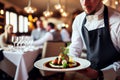 Waiter carrying plates with meat dish on some festive event, party or wedding reception restaurant. Generative AI.