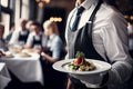 Waiter carrying plates with meat dish on some festive event, party or wedding reception restaurant. Generative AI.