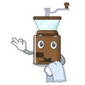 Waiter cartoon coffee grinder above wooden table