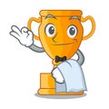 Waiter champion golden trophy on cartoon table