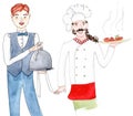 Waiter and chef, set - watercolor illustration on white