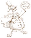 Waiter chef turkey hold dessert black and white drawing Royalty Free Stock Photo