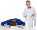 Waiter and drunk guest of restaurant