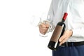 Waiter with glasses and wine isolated on white background