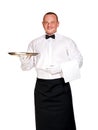 Waiter in gloves holding tray. Royalty Free Stock Photo