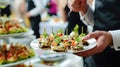 Waiter gracefully presents appetizers on a plate at festive event, Ai Generated