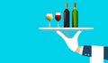 Waiter hand holding silver tray with red wine bottles and glass on blue background. business concept. vector Royalty Free Stock Photo