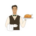 Cartoon waiter hold serving tray with baked bird