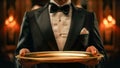 Waiter Holding an Empty Golden Tray in Elegant Setting. Generative ai. Royalty Free Stock Photo