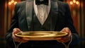 Waiter Holding an Empty Golden Tray in Elegant Setting. Generative ai. Royalty Free Stock Photo