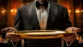 Waiter Holding an Empty Golden Tray in Elegant Setting. Generative ai. Royalty Free Stock Photo