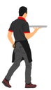 Waiter holding empty tray for order drinks and food for guests vector illustration. Servant in restaurant. Worker in pub serve.