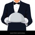 Waiter holding metal tray with cover on white background