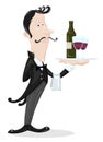 Waiter holding a tray with a bottle of wine