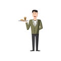 Waiter holding tray with food icon, cartoon style Royalty Free Stock Photo