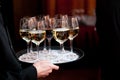 Waiter holding a tray full of drinks during a catered wedding or other special event Royalty Free Stock Photo