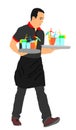 Waiter holding tray with order drinks for guests vector illustration. Servant in restaurant taking orders. Worker in pub serve foo