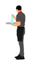 Waiter holding tray with order drinks for guests vector. Servant in restaurant taking orders. Worker in pub serve food.