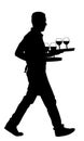 Waiter holding tray with order drinks for guests vector silhouette. Servant in restaurant taking orders. Worker in pub serve wine