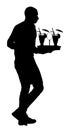 Waiter holding tray with order drinks for guests vector silhouette. Servant in restaurant taking orders. Worker in pub serve wine