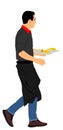 Waiter holding tray with order food for guest vector illustration. Servant in restaurant taking order. Worker in pub serve burgers