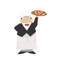 The waiter holds a pizza, Italian pizza in a restaurant. The waiter of pizzeria. Cartoon, retro