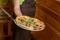 A waiter holds a plate of tasty food. Italian cuisine in restaurant, Delicious pizza with meat, olives and mushrooms Royalty Free Stock Photo