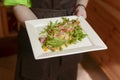 A waiter holds a plate of tasty food. Italian cuisine in restaurant, Rice with vegetables, green peas and corn