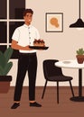 Waiter holds a tray with berry cake, dessert. Young man, cafe or restaurant staff, servant vector Royalty Free Stock Photo