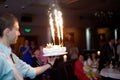 Waiter introducing a birthday cake with the firework in the ball