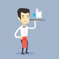 Waiter with like button vector illustration.