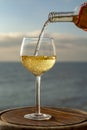 Waiter pouring aperitif white wine in glasses on outdoor tessace witn sea view