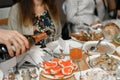 guests are served champagne at the wedding table Royalty Free Stock Photo