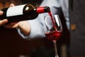 Waiter pouring red wine into wineglass. Sommelier pours alcoholic drink Royalty Free Stock Photo