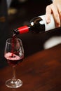 Waiter pouring red wine into wineglass. Sommelier pours alcoholic drink Royalty Free Stock Photo