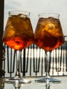 Waiter prepared the Aperol Sprits summer cocktail with Aperol, p Royalty Free Stock Photo