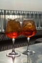 Waiter prepared the Aperol Sprits summer cocktail with Aperol, p Royalty Free Stock Photo