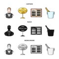 Waiter, reserve sign, menu, champagne in an ice bucket.Restaurant set collection icons in cartoon,black,monochrome style