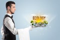 Waiter serving eco cityscape