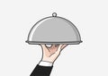 Waiter serving with tray. Waiter hand with tray and metal cloche lid cover. Royalty Free Stock Photo