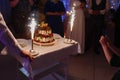 Waiter in the shape of the restaurant pulls out a beautiful wedding yogurt cake with the inscription love and burning fires with s Royalty Free Stock Photo