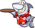 Cartoon shark wearing a Hawaiian shirt and holding an empty plate